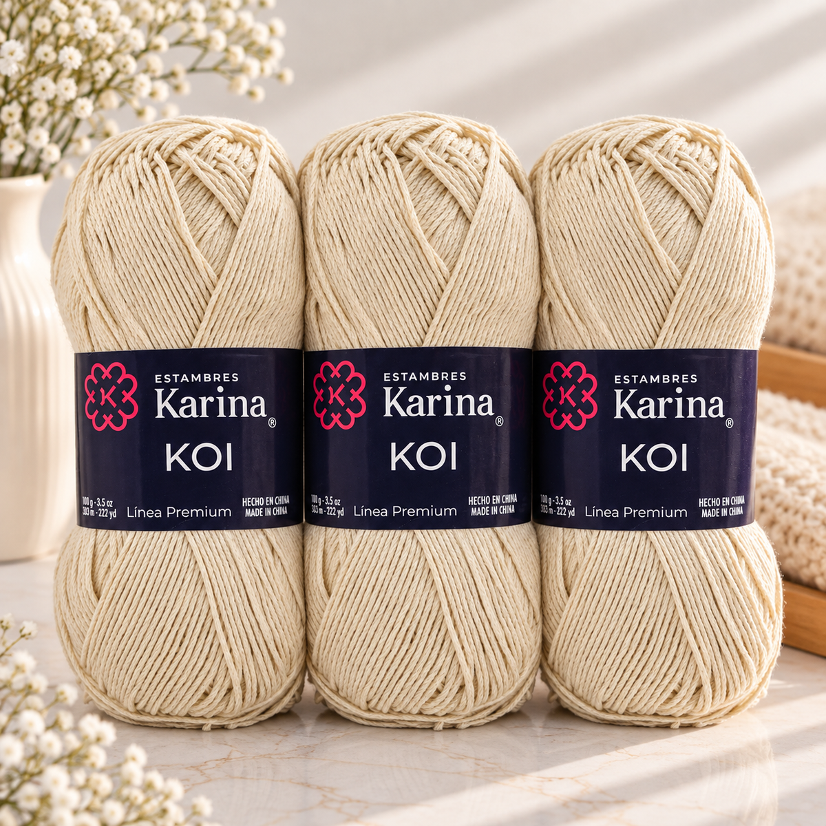 Set de 3 Hilazas KOI Algodón Mercerizado 100g | Hilaza Mercerizada para Prendas Ligeras, Tops y Crochet de Verano